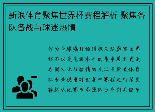 新浪体育聚焦世界杯赛程解析 聚焦各队备战与球迷热情 新浪体育聚焦世界杯赛程解析 聚焦各队备战与球迷热情