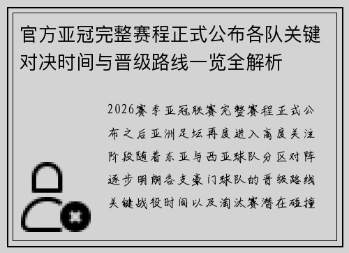 官方亚冠完整赛程正式公布各队关键对决时间与晋级路线一览全解析