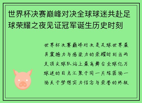 世界杯决赛巅峰对决全球球迷共赴足球荣耀之夜见证冠军诞生历史时刻