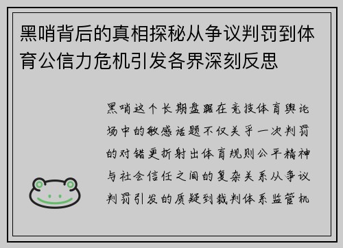 黑哨背后的真相探秘从争议判罚到体育公信力危机引发各界深刻反思